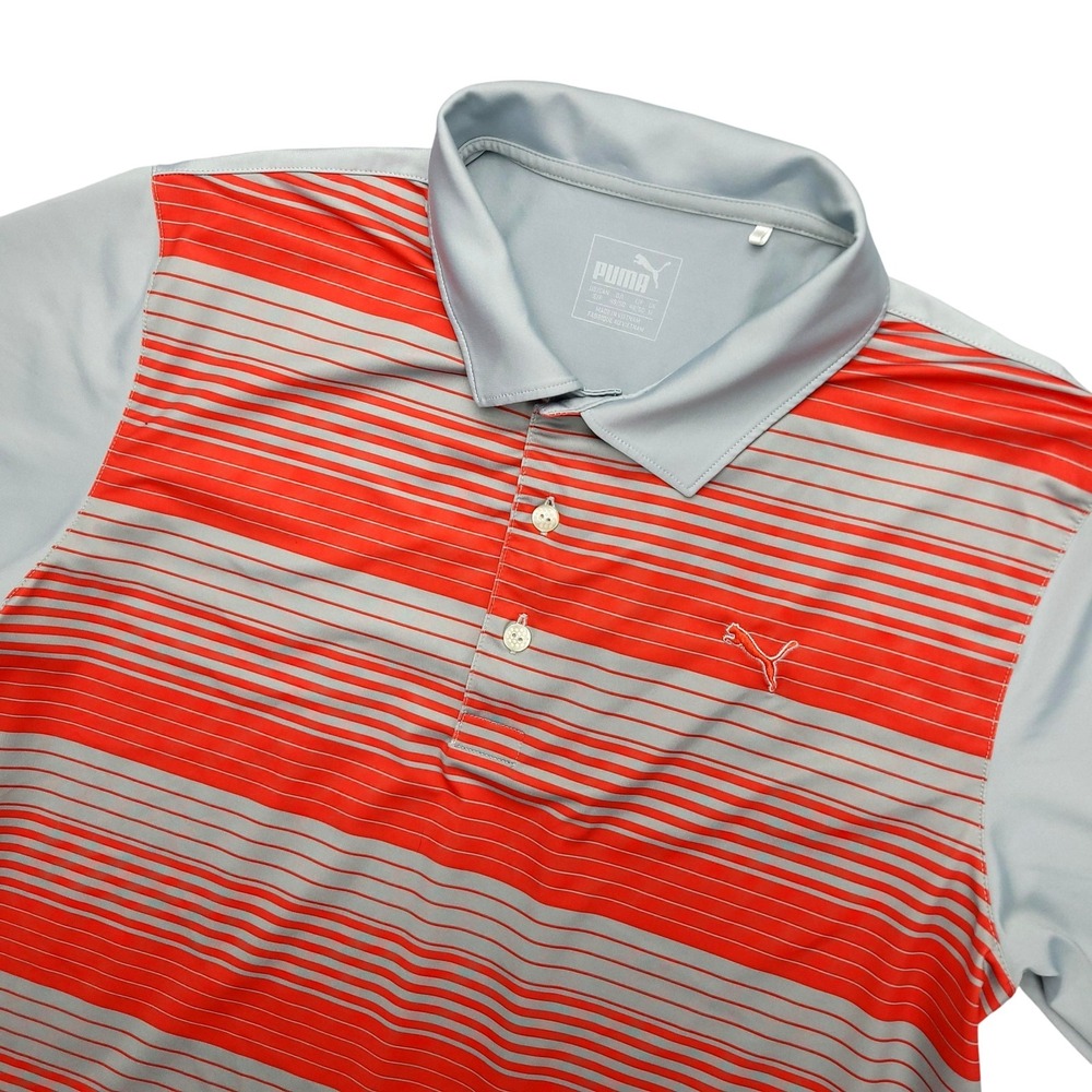 Puma DryCell Polo Shirt Mens Medium Gray Red Stripe Golf Performance‎ Stretch